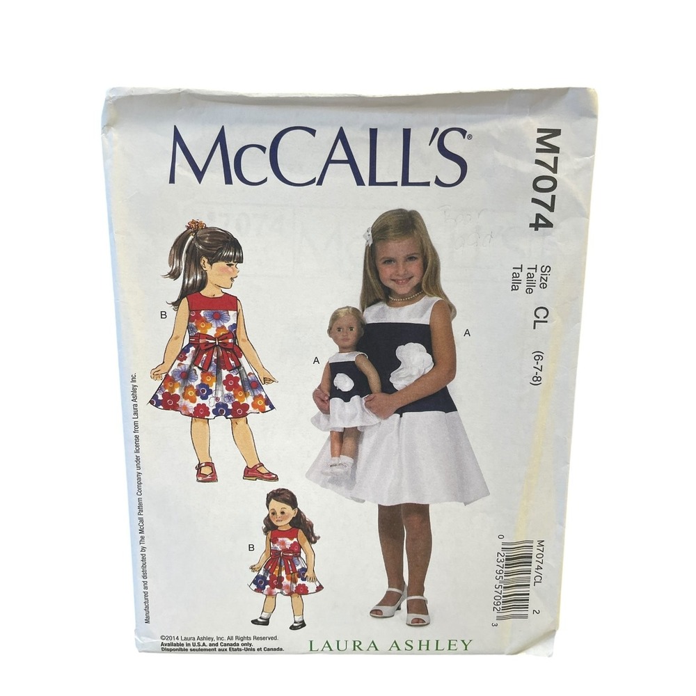 McCALL'S M7074 Girls Dresses & Doll Dresses Size 6-8 Laura Ashley
